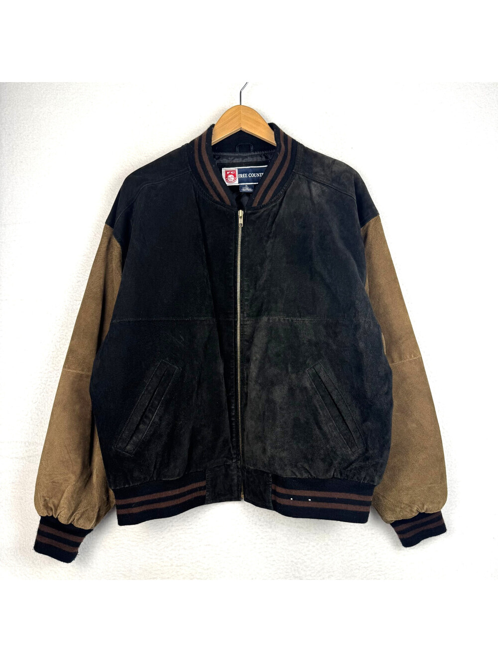 Vintage 90s Free Country Mens XL Brown Black Suede Leather Varsity Bomber Jacket